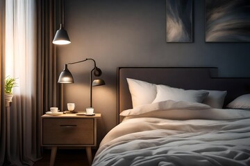 Lamp on a night table next to classic bed with pillows