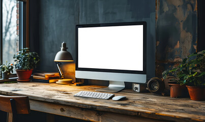 Modern computer with a blank screen on a wooden desk against a dark wall, ideal for mockups and presentations
