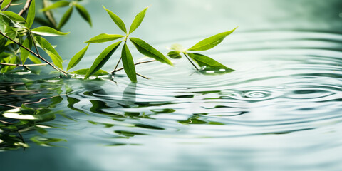 Tranquil spa banner with serene bamboo leaves over rippling water bathed in soft sunlight, embodying calm and purity