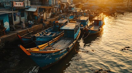 Fototapeta na wymiar Aerial Photography, traditional fishing boats in a bustling Asian harbor, early morning, colorful wooden boats, rustic charm