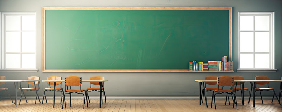 Empty classroom with green chalkboard background.