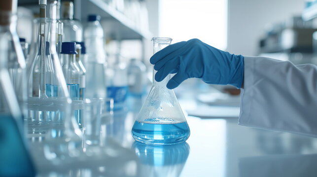 A researcher's hand in blue gloves holding a beaker containing blue liquid in the laboratory. Close up. 
 Generative AI