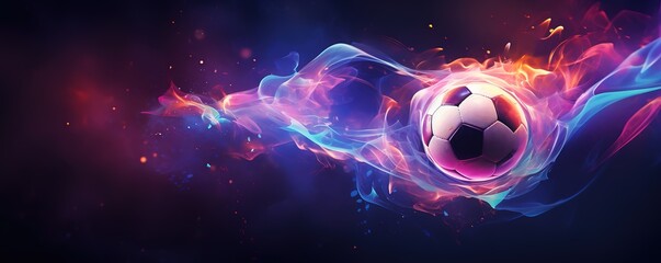 A soccer ball With fire effects on the side in beautiful orange blue and purple. Generative AI - obrazy, fototapety, plakaty