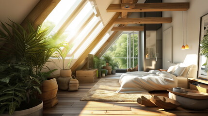 Serene Attic Bedroom Oasis with Sky-Blue Reflections