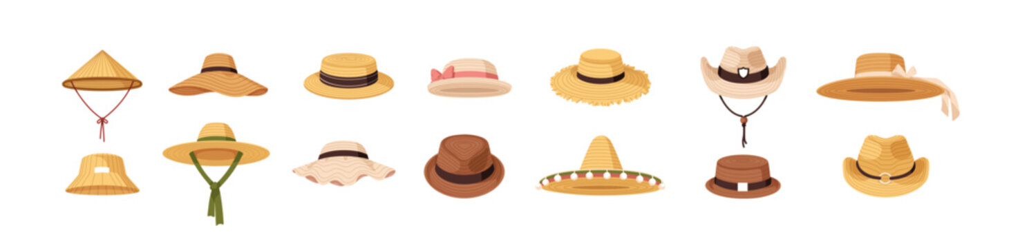 Straw hats set. Summer head accessories. Headwear with brim in country, farmer, beach, cowboy, Mexican, Asian style. Sun panama, sombrero. Flat graphic vector illustration isolated on white background