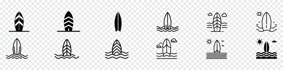 Set of black silhouettes of surfboards, Surfboard icon set. Black silhouette of surfboard. surfboard icon. surfing sign.  surfing icon, Surfboard icon, surfing icon set - obrazy, fototapety, plakaty