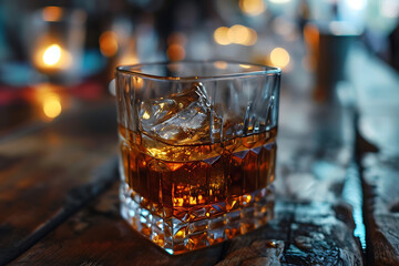 Illustration of a glass of whiskey soda with ice cubes on a wooden table in a dimly lit room  - obrazy, fototapety, plakaty