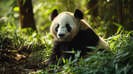 Fototapeta premium Close ups of pandas in the bamboo forest