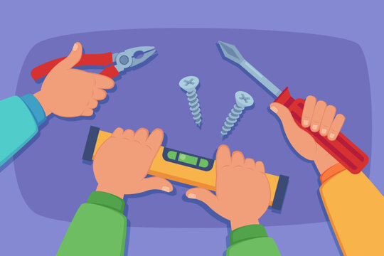 Hands holding different tools flat vector illustration. Workers hands with cross-point screwdriver, pliers and level meter. Occupation, work, job concept