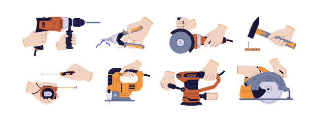 Repair and building tools in hands set. Holding screwdriver, hammering nail, handling pliers, drill, electric jigsaw, construction machines. Flat vector illustrations isolated on white background