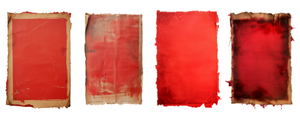 Four aged and distressed pieces of red-colored parchment paper isolated on a transparent background, ideal for vintage or historical presentations