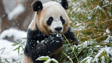 Giant pandas eat bamboo on snowy days