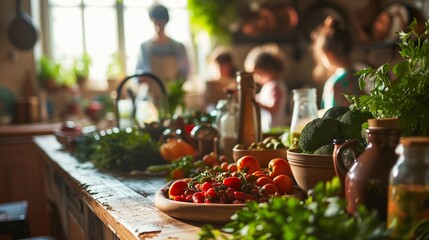 Family gathers around a table laden with fresh, local produce, reusable containers stacked neatly, showcasing a commitment to sustainable living and mindful consumption.