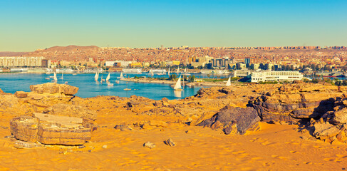 View of Aswan from the West bank of the Nile River. Egypt