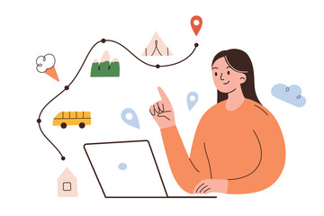 Woman making itinerary online, planning route on laptop, web service for travelers, organizing a trip on computer, hand drawn composition, vector illustrations of cartoon character