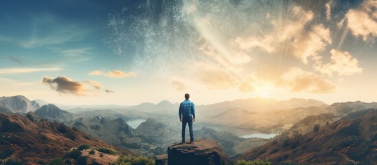 Man standing on a mountaintop overlooking a valley - obrazy, fototapety, plakaty