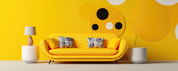 Modern living room design and yellow sofa on yellow background