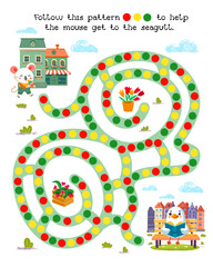 Maze for kids. Activiti and Education. Puzzle game for children. Cute cartoon characters. Follow this pattern to help mouse get to his friend. Vector illustration. 
