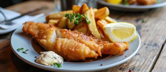 Traditional British dish consisting of fried fish and potatoes