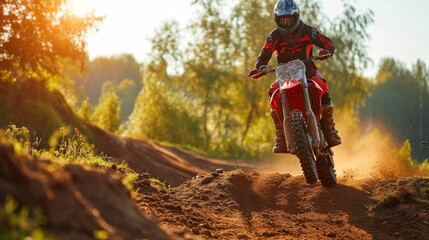 Motocross rider jumping over a hill on a dirt track