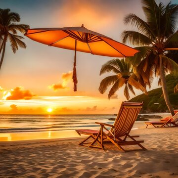 Two inviting deckchairs placed under a vibrant parasol on a tropical beach at sunset, where the warm, golden hues of the fading sun create a magical ambiance