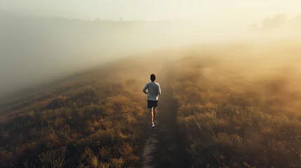 Rolgordijnen man jogging  in fog © sam richter