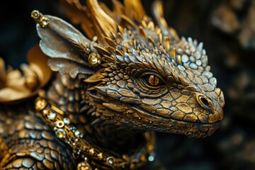 Fototapeta premium Detailed and ornate golden dragon statue with intricate scales and adornments