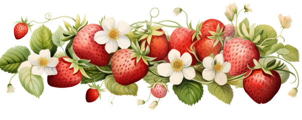 Watercolor drawing of fresh red strawberries with flowers on white background.