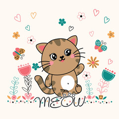 vector illustration of cute cat design with flowers