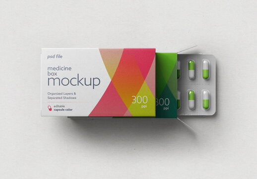 Free Medicine Box with Tablets Mockup (PSD)