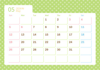 2024年5月のカレンダー、かわいい水玉模様