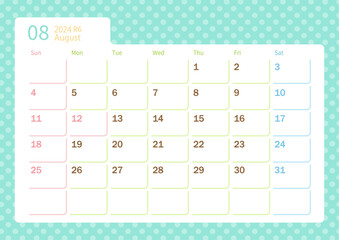 2024年8月のカレンダー、かわいい水玉模様