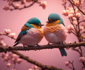 Fototapeta premium Couple of pink little cute birds sitting on a branch . Holiday Saint Valentine's day love concept. Wide screen wallpaper. Panoramic web banner with copy space for design.
