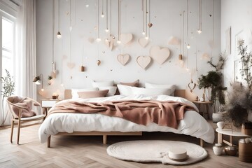 Winter valentine  interior of bedroom . Scandinavian design