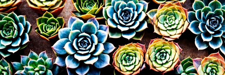 Green and blue colorful succulents texture. Desert plants background. Top view bright cactuses, gardening, horticulture theme. Wide screen wallpaper. Panoramic web banner with copy space for design.