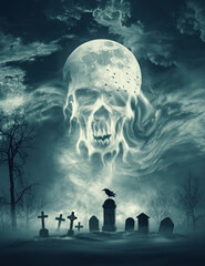 Scary skull in the sky and creepy graveyard