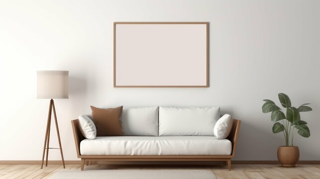 Minimalist Interior Brown Sofa and Empty White Picture Frame © sitifatimah