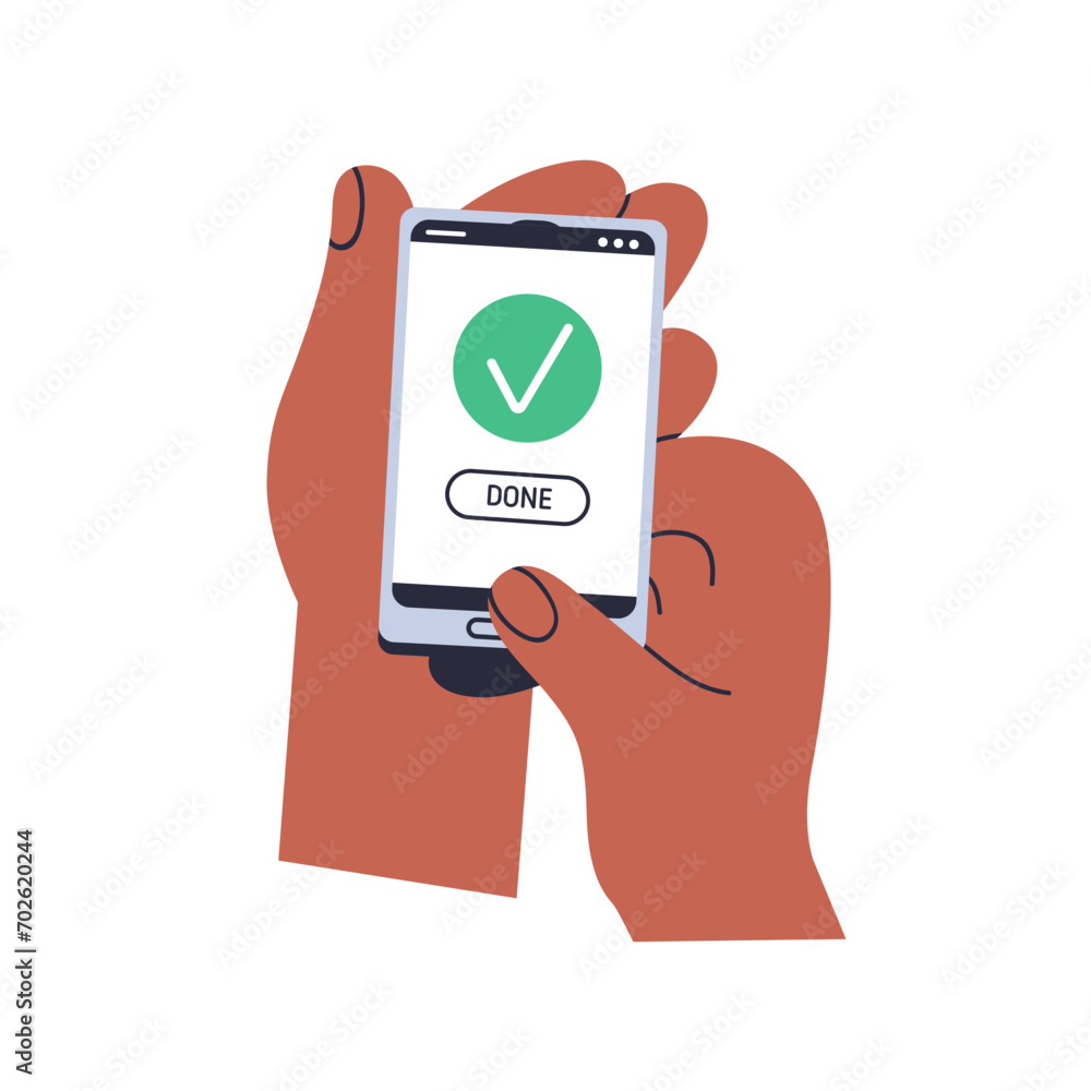 Poster Done checkmark on mobile smart phone screen in hands. Holding smartphone with green checkbox, success symbol, approving, confirming, agreeing. Flat vector illustration isolated on white background