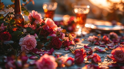 Top view photography of a romantic picnic, read "Love," letters made of rose petals, vibrant colors 