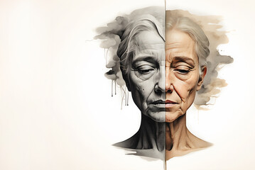 Illustration of a person face slowly fading away, symbolizing the loss of memory and identity that comes with dementia, Copy space.