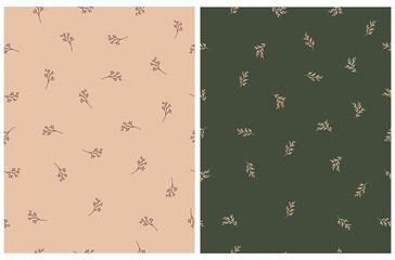 Simple Hand Drawn Seamless Vector Pattern with Twigs and Leaves Isoalted on a Light Caramell Beige and Dark Natural Green Background. Minimalist Irregular Floral Endless Print. Two Botanic Patterns.