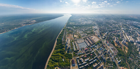 Cheboksary, Russia. Panorama of the city from the air. Volga River. Sunny day. Aerial view