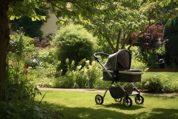 Outdoor Stroll: Taking a stroll in the garden with the baby in a pram, enjoying the fresh air.