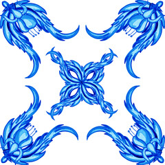 Fototapeta premium Ceramic tile design in blue colors. Sicilian seamless ornament. Baroque watercolor background. Hand drawn royal ornament. Mediterranean Italian print.