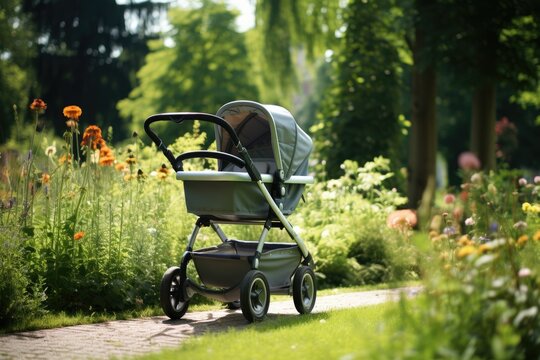 Outdoor Stroll: Taking a stroll in the garden with the baby in a pram, enjoying the fresh air.