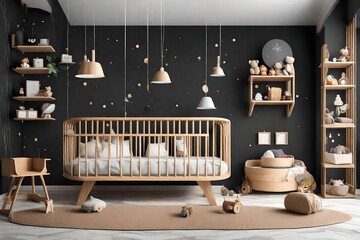 Baby  bed room decorative interior style with cradle table and cabinet style, Black board wall.