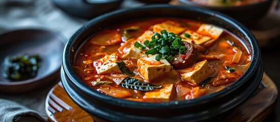 Budae-jjigae, a Korean dish, is a comforting stew containing sausage, tofu, and canned ham traditionally served in army bases. - obrazy, fototapety, plakaty