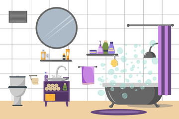 Bathroom interior. Large bath with shower and curtain, sink with cabinet, mirror, toilet and hygiene items, towel basket. Vector flat illustration. For brochures, flyers, print publications and