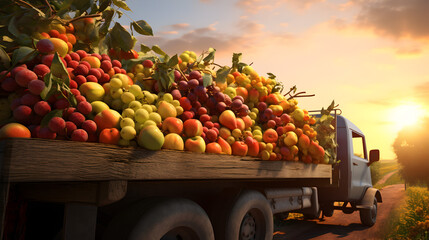 Vintage truck carrying various types of fruits in an orchard with sunset. Concept of food...