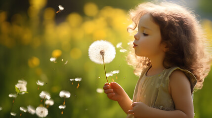 Child blowing dandeline in a meadow full of spring flowers and grass. Concept of happiness, freedom and relaxation.